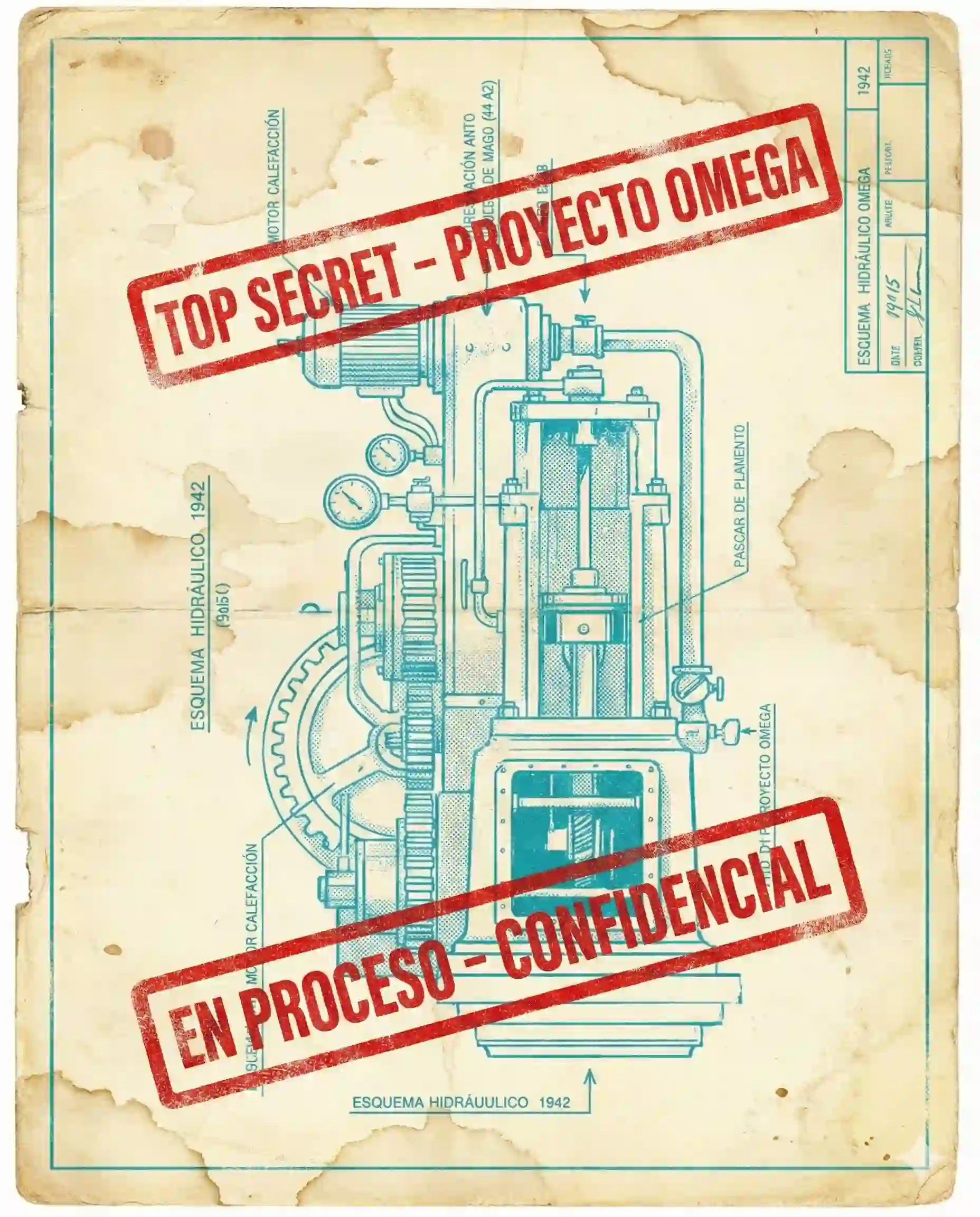 Un plano técnico (blueprint) antiguo de una bomba o una máquina compleja, con sellos rojos que digan "TOP SECRET" o "EN PROCESO".